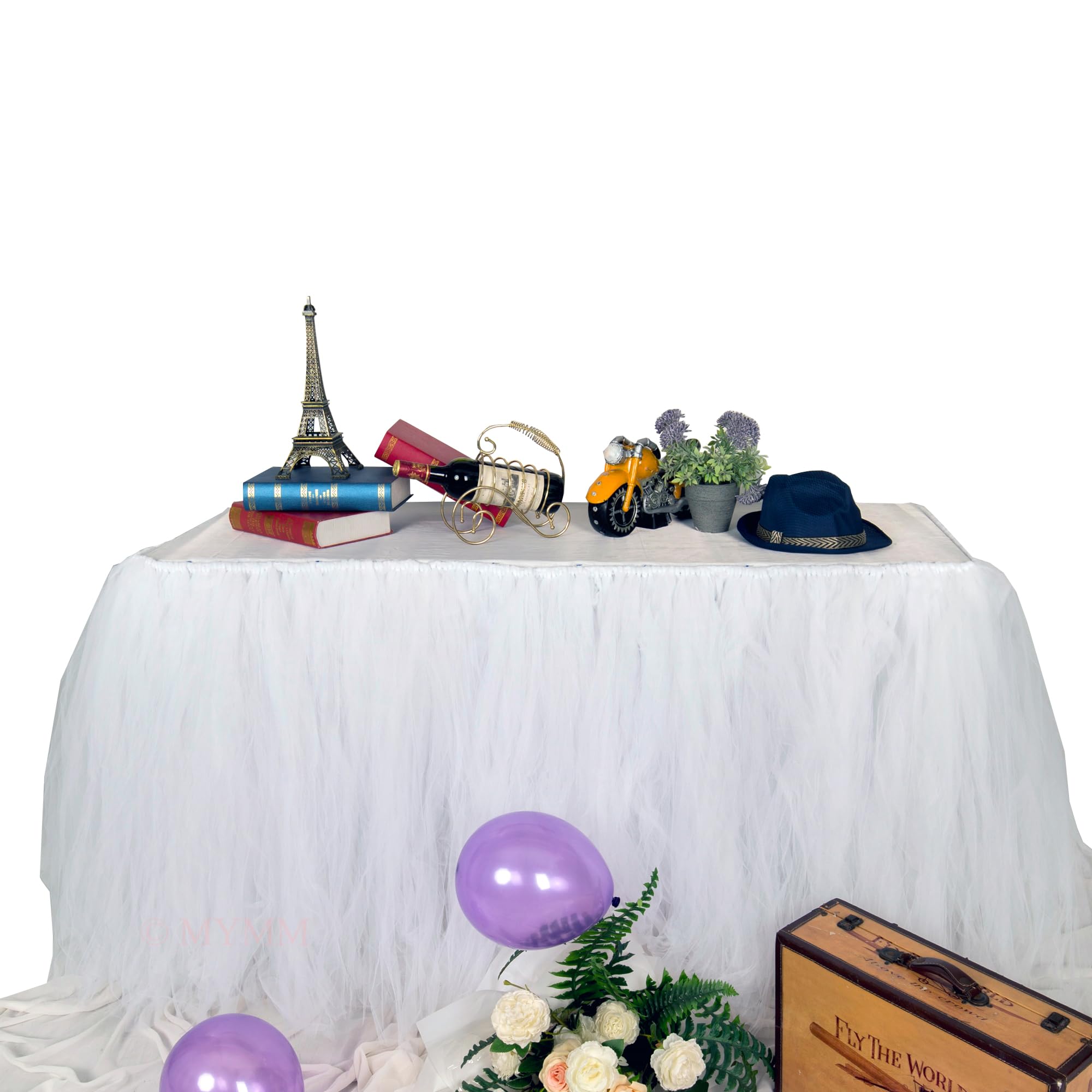 MYMM 3ft / 91cm White Table Skirt, Romantic Tulle desk gauze, Table Decoration, Snowflake Wonderland Tutu Table Cloth, for Baby Shower, Wedding, Birthday, Party, Bar, Prom, Valentine's Day Christmas