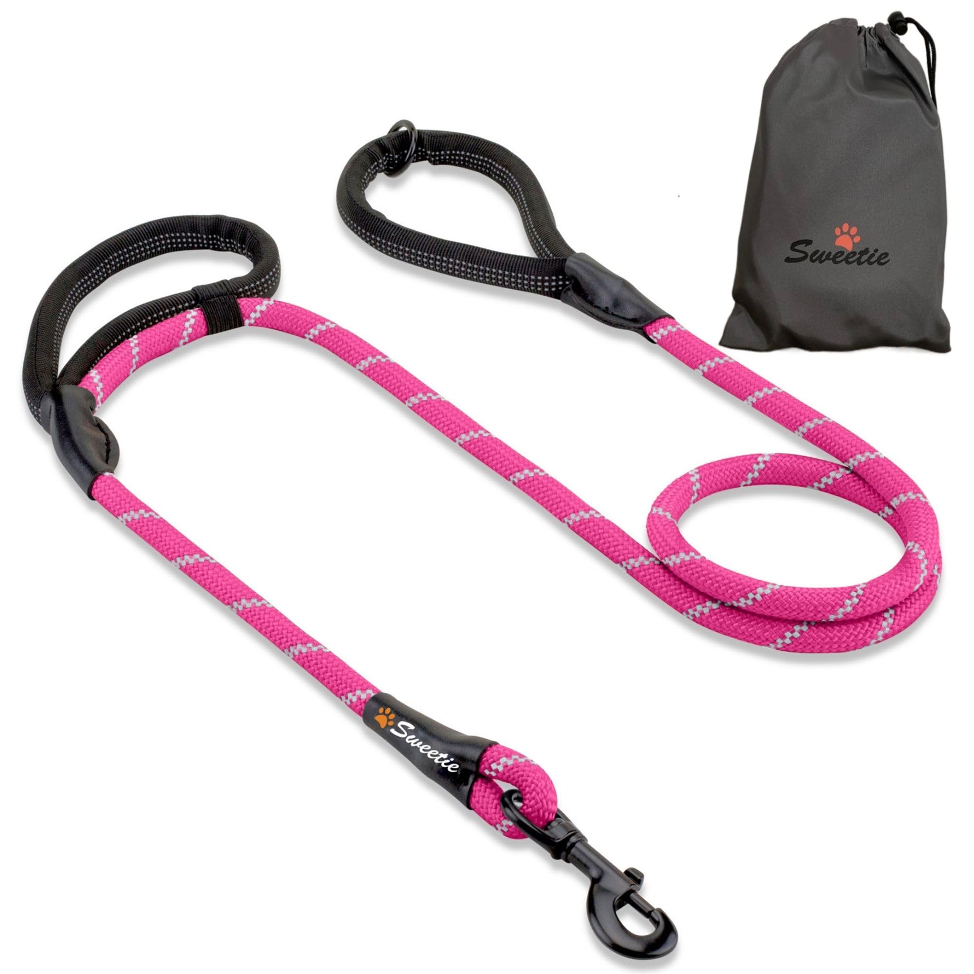 Rope Dog Lead, Pink Strong Leash, 2 Padded Handles 5 FT - Medium, Large Dogs - Reflective, Weather Resistant. — image 1