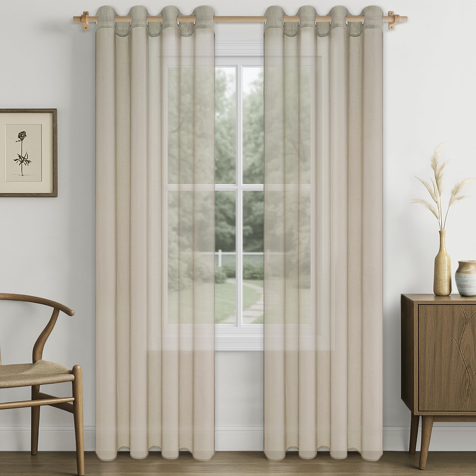 CUTEWIND Solid Beige/Ivory/Cream Voile Semi Sheer Curtains Transparent Eyelet Panels for Cafe/Living Room/Balcony/Sliding Door/Bedroom/Patio Door Decor Grommet Modern Drapes,Sets of 2(Beige,55”Wx88"L)