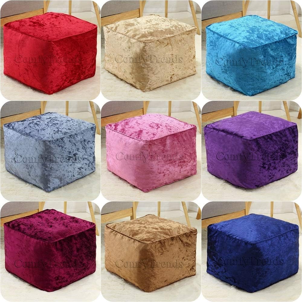 ComfyTrendsCube Bean Bag Seat Indoor Square Footstool Pouffe - Crushed Velvet Fabric Medium Size - 40cm x 40cm x 30cm Filled beanbags (Dusk Blue)