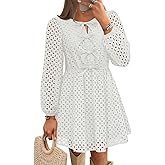 ZESICA Women's Long Sleeve Mini Dress 2026 Fall Crewneck Tie Front Hollow Out Eyelet Babydoll A Line Short Dresses