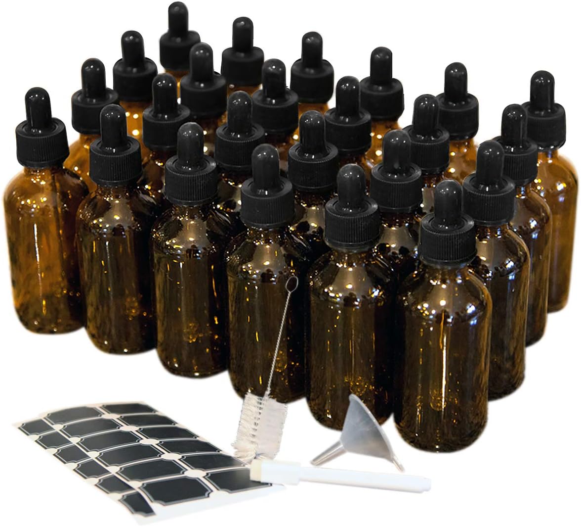 Mockins 24 pack Amber 2 Oz Glass Dropper Bottles | The Amber Glass Bottles Includes a Dropper & Funnel and Brush with Bonus Labels to Mark Each One: Home Improvement