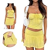 Hafailia Summer Two Piece Outfits for Women Y2K Going Out Tie Ruched Tube Crop Tops Low Rise Pleated Mini Skort Skirt Sets