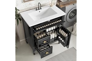 30" Bathroom Vanity w/Single Ceramic Sink&Rubberwood Frame for Medium Bathroom,Modern Bathroom Vanities Storage Cabinet w/3 D