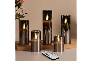 Eywamage Slim Tall Grey Glass Flameless Candles with Remote, Batteries Included, Flickering LED Pillar Votive Candles Set of 