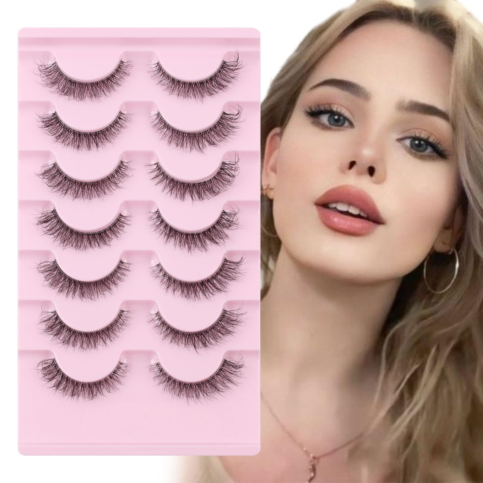 Glowingwin False Eyelashes Fluffy Wispy Lashes with Invisible Band 7 Pairs Short Wispy Eyelashes Cat Eye lashes Natural Look Faux Mink Eyelashes Soft Reusable Fake Lashes