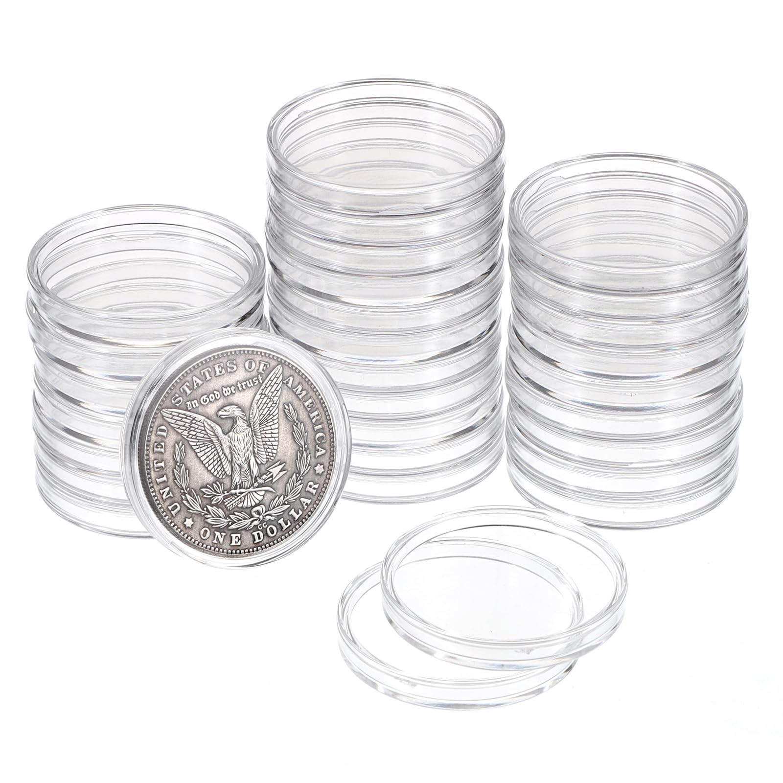 SUMNACON 30 Packs Clear Acrylic Coin Holder Capsules, Round 39mm Coin Collection Box Commemorative Coin Capsules Container for 39mm 1 oz Silver and Copper Rounds，Somali Elephant