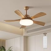 Myleoron 46 Inch Wood Ceiling Fan with Remote, Solid Wood 5 Blade Ceiling Fan with Light, Burlywood Rustic Flush Mount for Patios, Living Room, Dining Room, Bedroom, Farmhouse