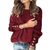 Womens Pullover Sweaters Batwing Long Sleeve Crewneck Casual Loose Knit Jumper Tops with Buttons