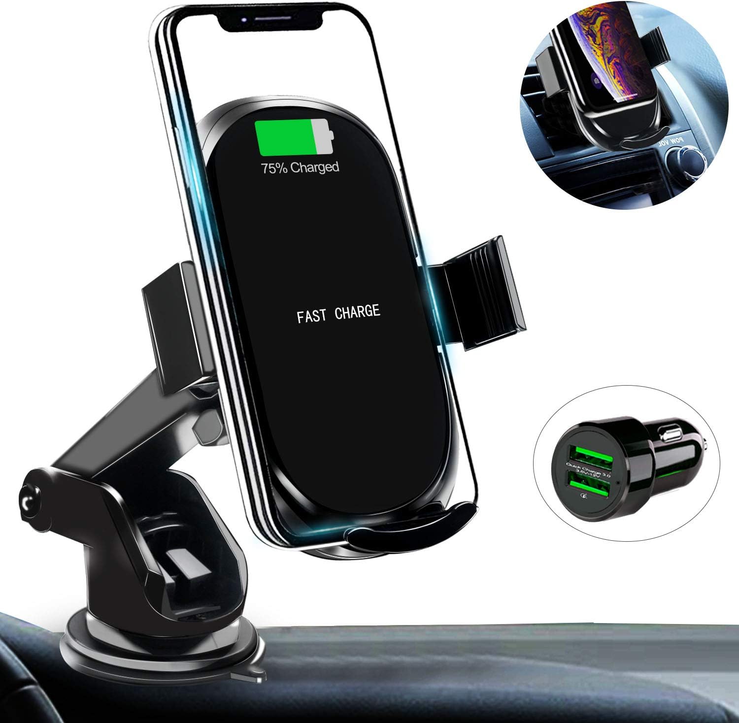 Car Wireless Charger Mount with USB Car Charger Adapter Qi Fast Charging Car Phone Holder Compatible with iPhone Xs/Xs Max/XR/X/ 8/8 Plus Samsung Galaxy S10 /S10+/S9 /S9+ by Amerzam