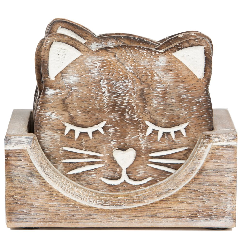 Sass & Belle Wooden Brown Carved Cat Coaster - Set of 6