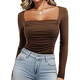 Beluring Women Square Neck Shirt Going Out Long Sleeve Sexy Ruched Tops Tee Tshirt