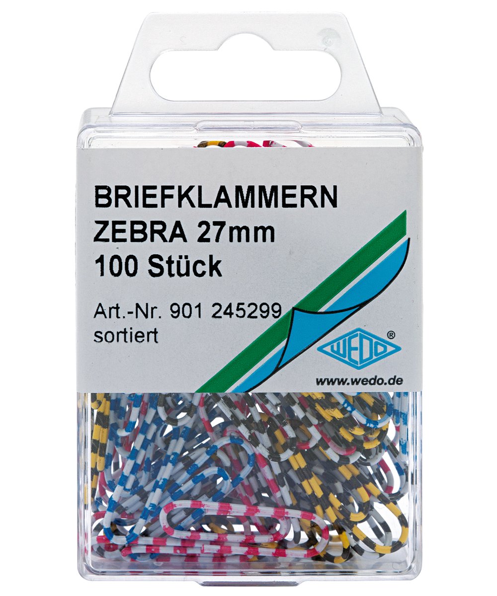 Wedo 901245299 Paper Clips Zebra Metal with Striped Plastic Cover 27 mm Pack of 100 Assorted Colours