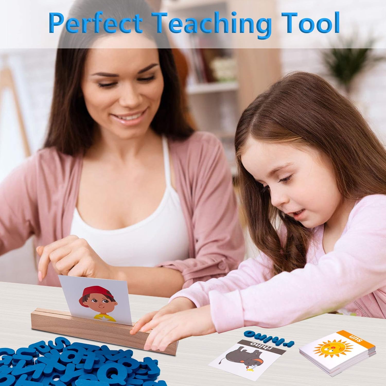 Conzy Educational Toys Gifts for Kids 3 4 5-7 Year Old, Preschool Toy for Learning Spelling Activities, Montessori Toys for Toddlers Boys Girls (78 Wooden Letters, 50 Picture Word Cards)