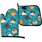 Abucaky Cute Cats Oven Mitts and Pot Holders Funny Kitten Insulated Gloves & Kitchen Counter Safe Mats for Cooking BBQ Baking Grilling (2-Piece Set)