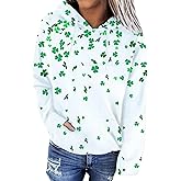 GORIFE Women's St Patrick's Day Shamrock Pattern Hoodie Irish Four-leaf Clover Pocket Sweatshirt Loose Lightweight Sweatshirt