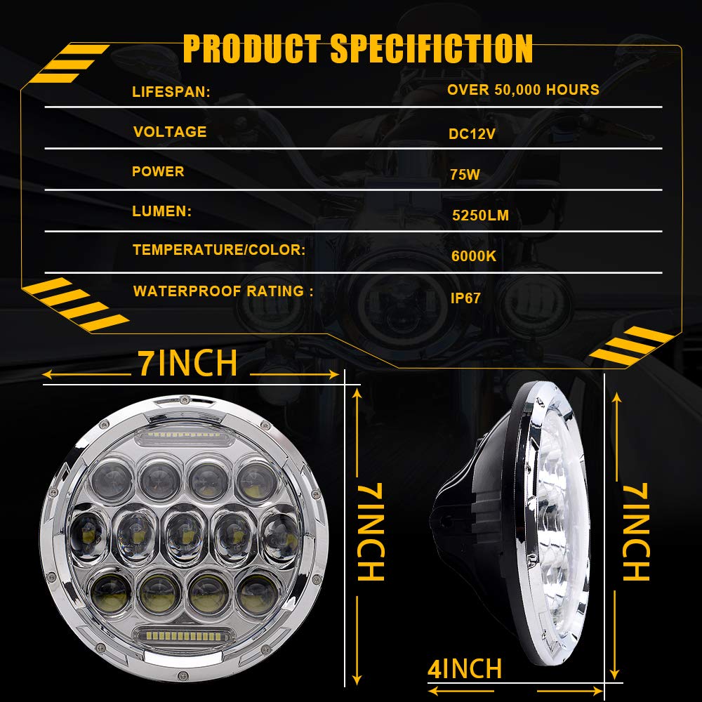 Amazon.com: TURBOSII Chrome 7" LED Headlight For Harley Davidson MOTORCYCLE  75W PROJECTOR HID LED LIGHT BULB For Road King Ultra Classic Softtail  Street ...