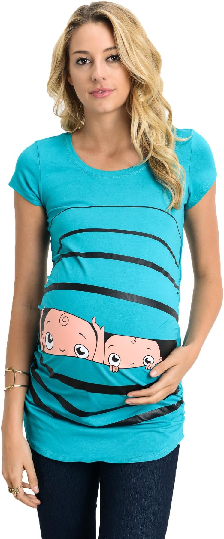 Hello MIZ Women's Maternity Stripe Twin Peeking Baby T-Shirts Top