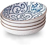 YALONG Blue and White Pasta Bowls Set of 4, 8.5 Inch Porcelain Bowl Plates – Ceramic Pasta Bowls for Kitchen, Dinner & Everyday Use, Microwave & Dishwasher Safe