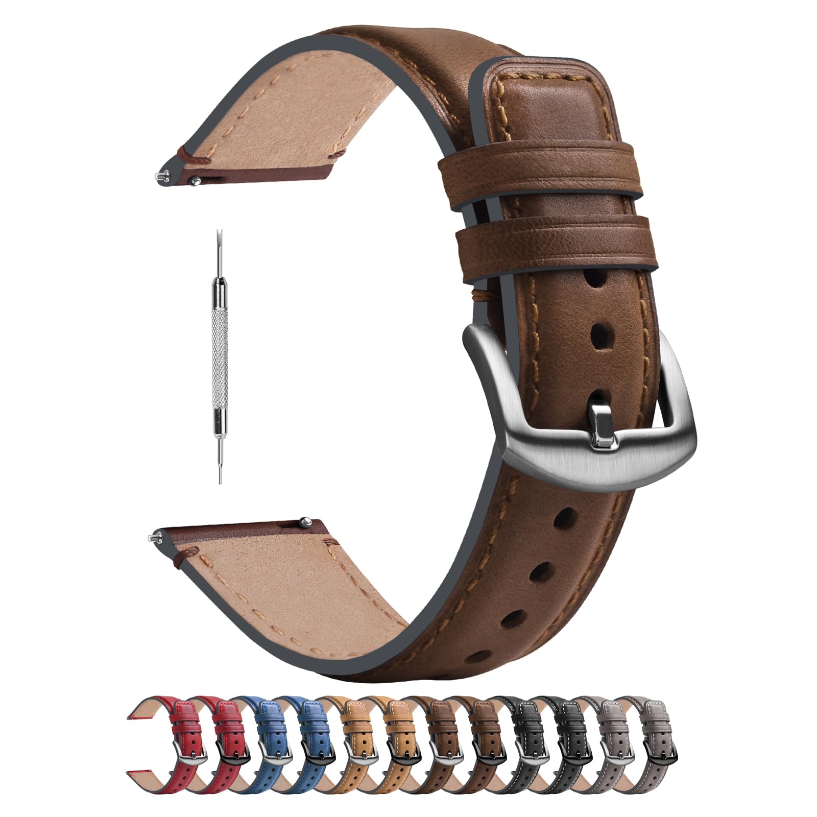 Fullmosa 22mm Watch Strap Compatible with Samsung Galaxy Gear S3 Classic/Gear S3 Frontier/Galaxy 3 45mm/Samsung Gear 2 R380/Garmin Venu 3/2, Leather Smart Watch Straps for Men, Dark Brown+Silver