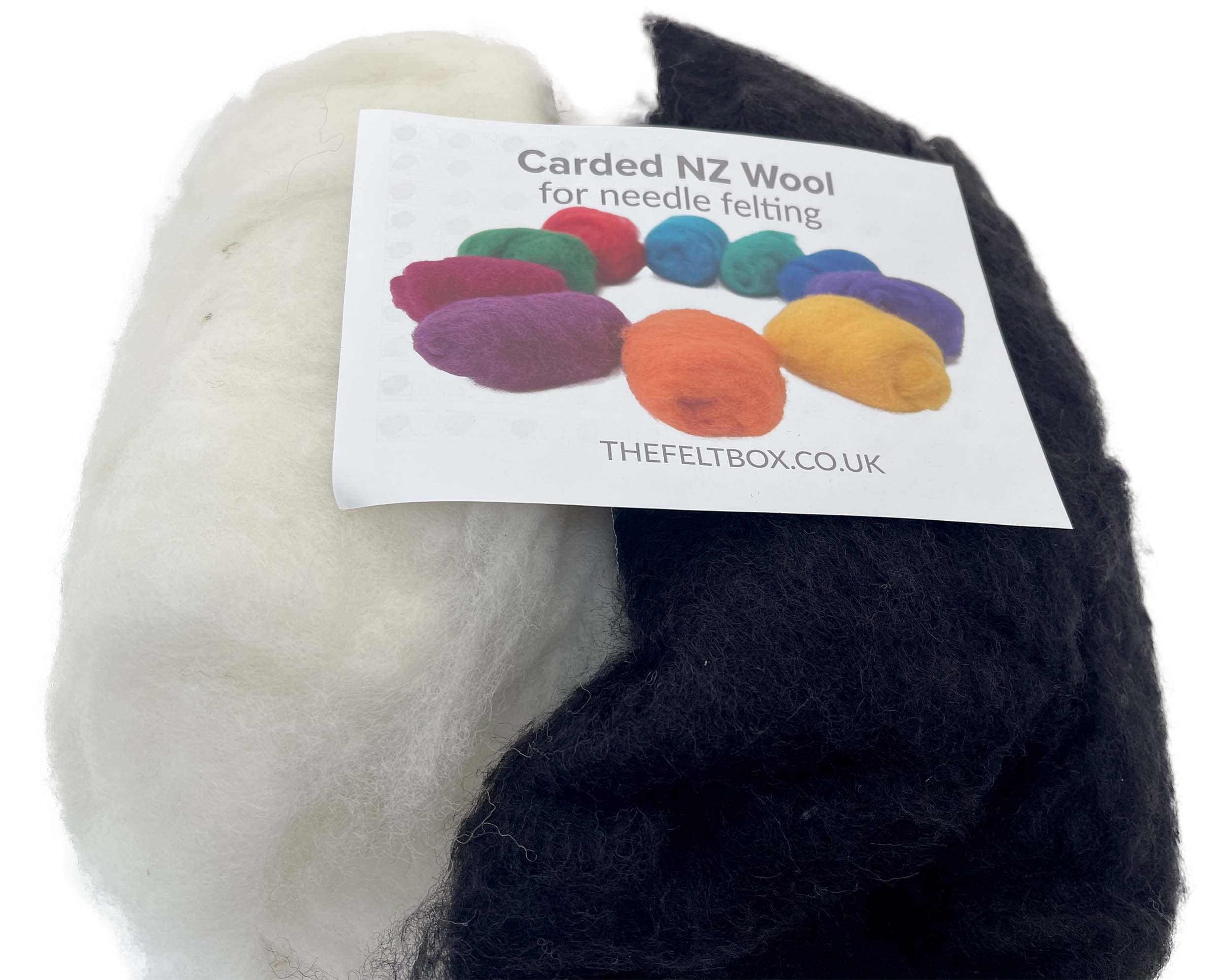 The Felt Box Needle Felting Wool – Black & White Wool Pack (100g Total) – Carded Batt with Coarse Short Fibres – Ideal for Eyes Noses Fur 3D Animals