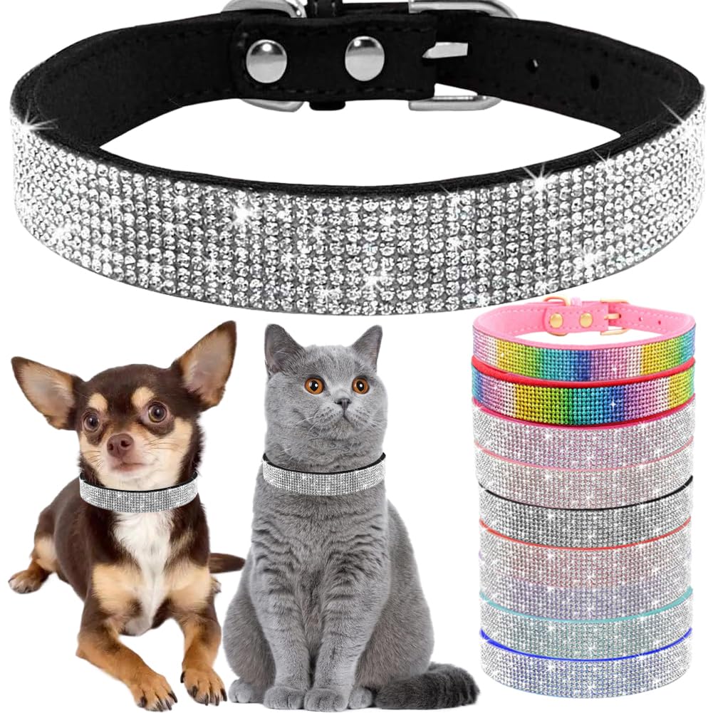 Bling Diamante Dog Collar, Rhinestone Puppy Collars sparkly Glitter Diamond Crystal Small Dog Collar Adjustable for Girls Female XXSmall Small Medium Large Dogs (Size S,Black)