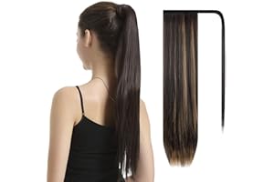 BARSDAR Ponytail Extension - 26 Inch Long Straight Wrap Around Ponytail for Women Clip in Ponytail Hair Extensions Synthetic Highlight Ponytails Hairpieces Daily- Dark Brown with Highlights