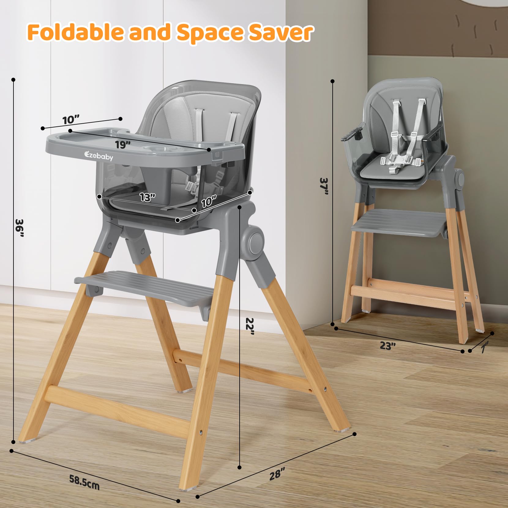 Ezebaby Foldable Wooden High Chairs, 3-in-1 Convertible Baby High Chair, Dining Booster Seat, Toddler Chair, Easy Clean High Chairs for Babies and Toddlers with Large Adjustable Tray- Transparent Gray