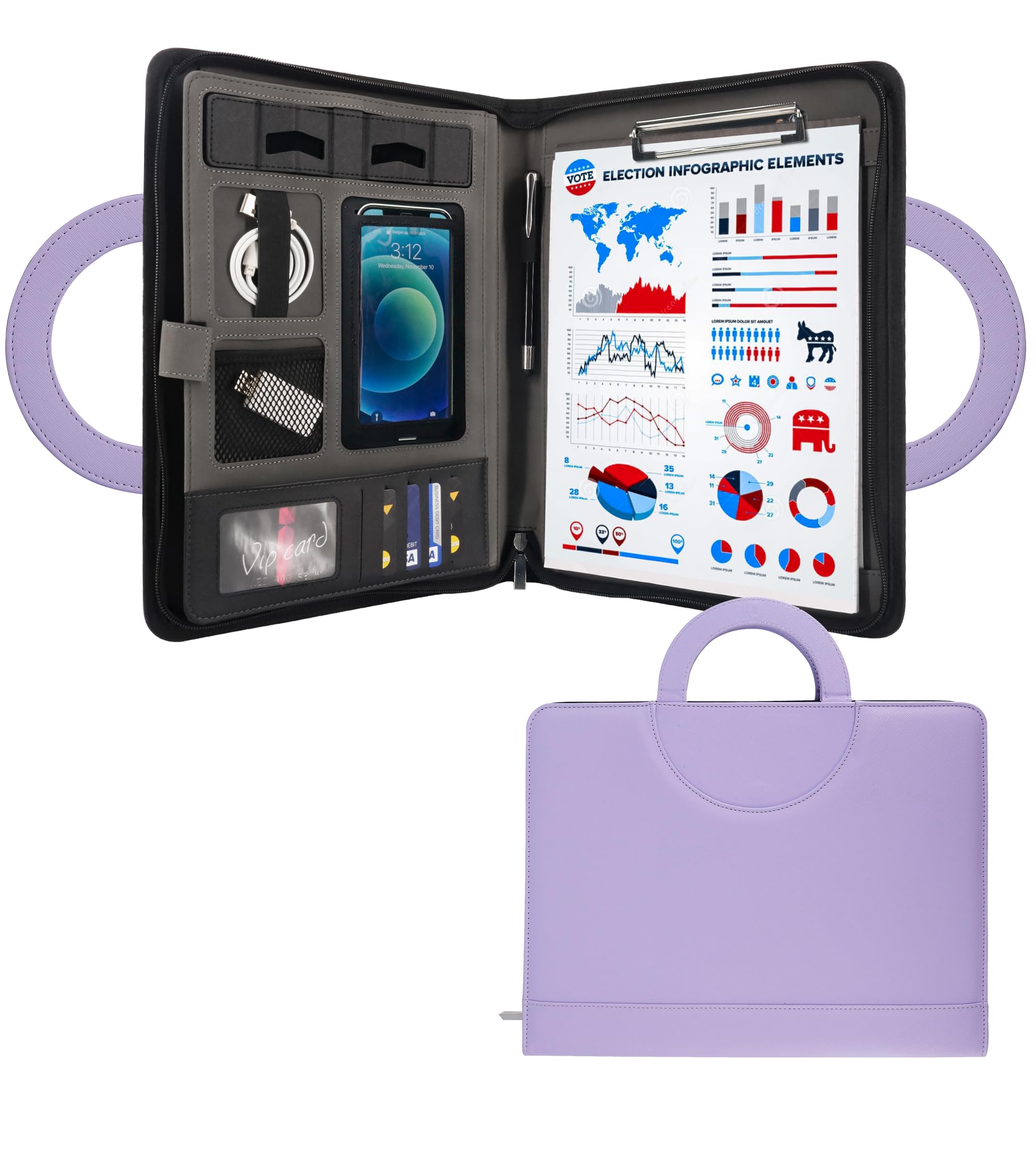 Photo 1 of GraduatePro Portfolio Binder Leather Zippered Padfolio Folder Business Case Organizer Bag for Pad Notebook Resume for Women Graduation Gift, Purple