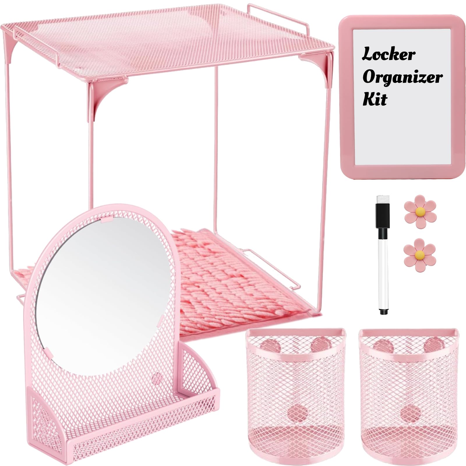Photo 1 of Tcevily 9 Pcs Locker Organizer Kit Includes Locker Shelf Rug Magnetic Mirror Magnetic Pen Holder Magnetic Whiteboard with Marker and Nails Locker Decoration for Back to School Supplies (Pink)
