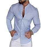 VIPWOLF Men's Striped Button Up Dress Shirts Band Collar Long Sleeve Blouses