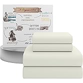 SUPREME ELEGANCE 4 Pcs 100% Organic Cotton Queen Sheet Set, Light Ivory, 300 Thread Count, Percale Weave, Deep Pocket Fitted Sheet, Hotel Style Bed Sheets, Cooling, Crisp & Breathable Cotton Bedding