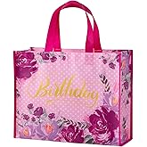 WRAPAHOLIC Large Reusable Birthday Gift Bag with Handles - 10 x 5 x 13 inch - Floral Happy Birthday