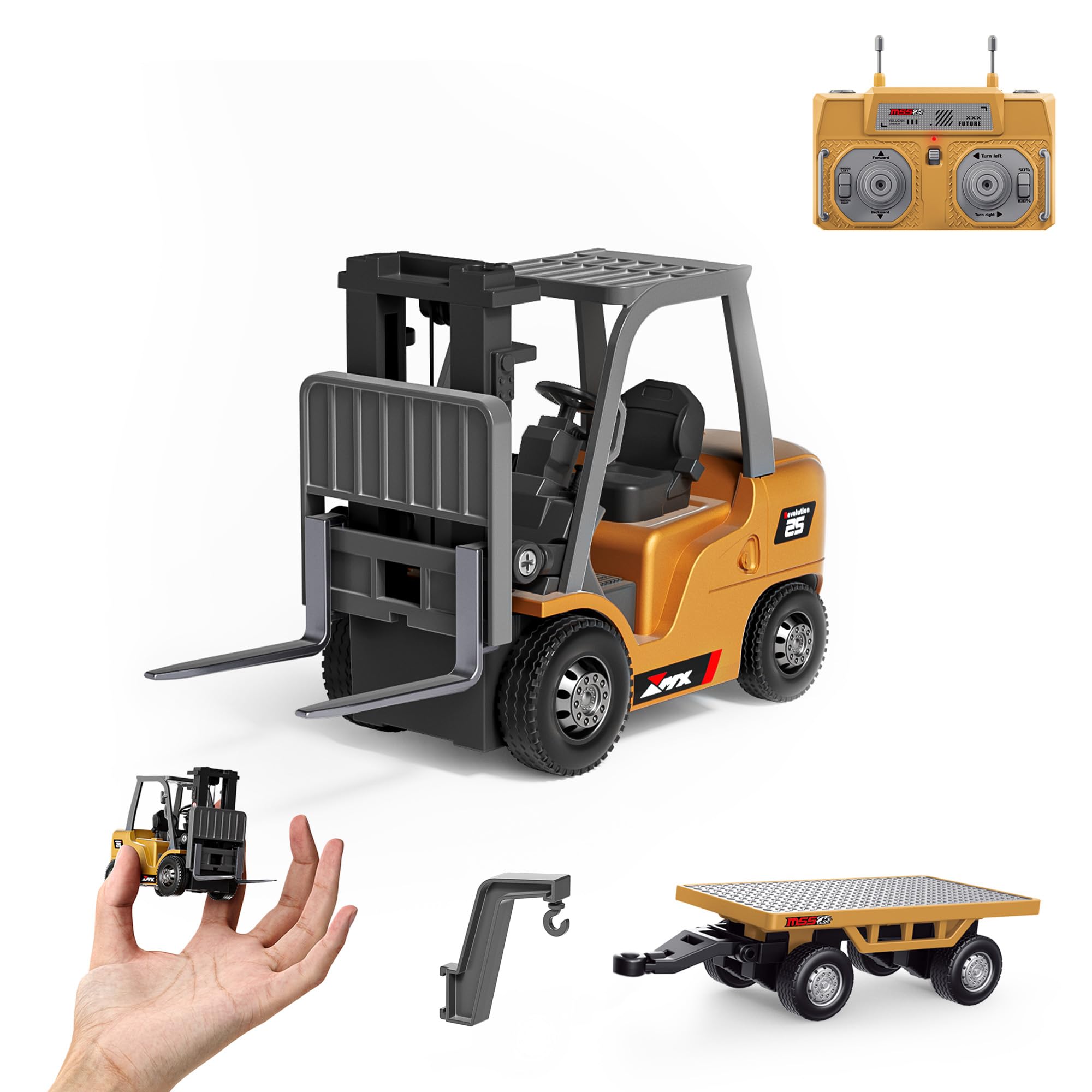 Photo 1 of BRRRRT 1/64 Full Proportional RC Forklift Toy,8 Channel 2 Mode Mini Remote Control Forklift Truck with Flatbed Tow Truck,2 in 1 Transformable Lift Fork & Hook with Rechargeable Battery for 4+ Kids
