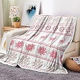Bzhilja Christmas Throw Blanket, Merry Xmas Deer Elks Holiday Fleece Cozy Warm Bed Couch Blanket, Pink Snowflakes White Fleece Flannel Throws to Decorate The Room and Bedroom