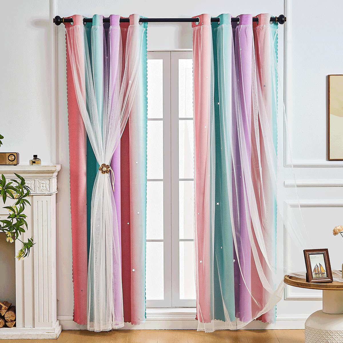 NETMEO 2 Panel Girls Princess Curtains, Double Layer Fantasy Curtains, Kids Room Darkening, Star Shape, Grommet Living Room (Pink Purple Green, W52×L63×2P)