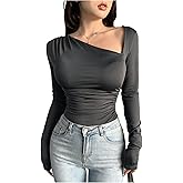 SweatyRocks Women's Long Sleeve Asymmetrical Neck T Shirt Slim Fit Ruched Tee Tops