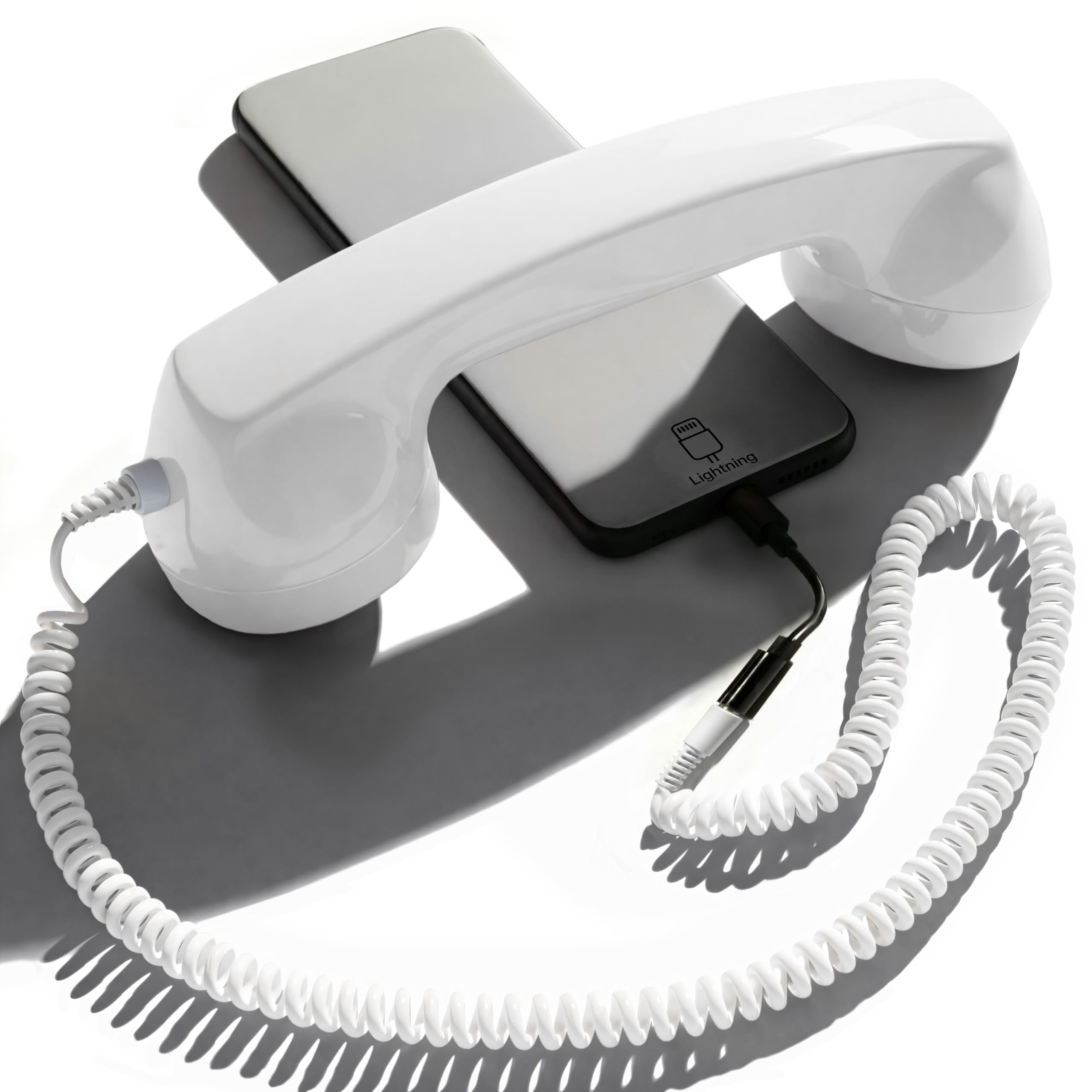 Opis Technology 60s Micro Retro Telephone Handset for Mobile Phones & Smartphones โ Lightning Edition for iPhone (7โ14), Corded Phone Receiver with 3.5 mm Plug & Lightning Adapter (White)