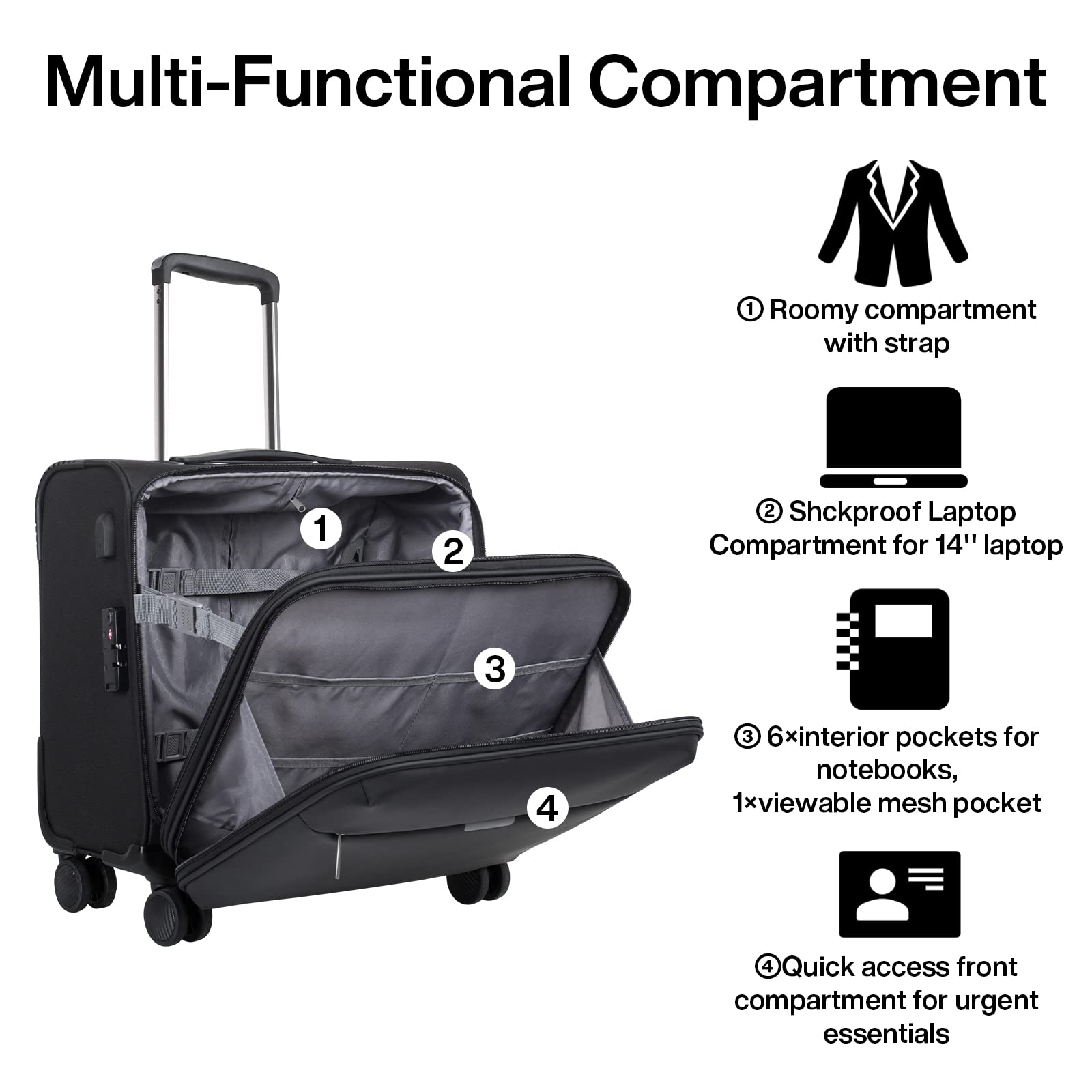 Hanke 16 Inch Softside Airline Approved Carry On Luggage Suitcases with Wheels,Travel Luggage Lightweight Square Suitcase with Lock Rolling Luggage Bag with USB Port for Business Trip Men Women.