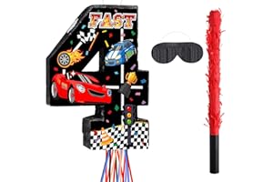 Harrycle Race Car Piñata Pull String Cars Piñatas for Birthday Party Decorations Number 2 3 4 5 6 with Blindfold Stick Small Red Black Racing Theme 2nd 3rd 4th 5th 6th Party Supplies(Number 4)