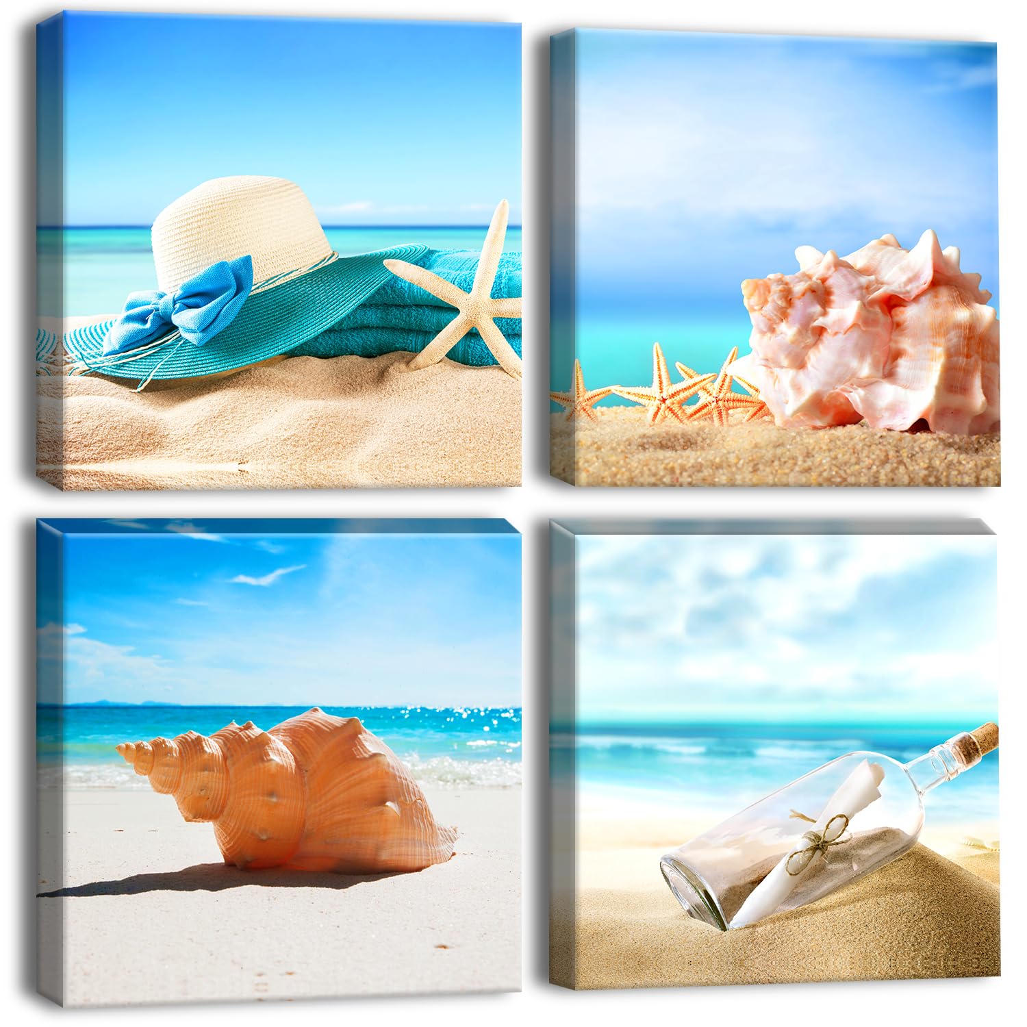Artscope 4 Pieces Wall Art Canvas Prints - Blue Sky and Sea Star, Conch and Drifting Bottle Picture Painting- Modern Wall Artwork Framed for Bathroom Home Office Decor - 30 x 30 CM