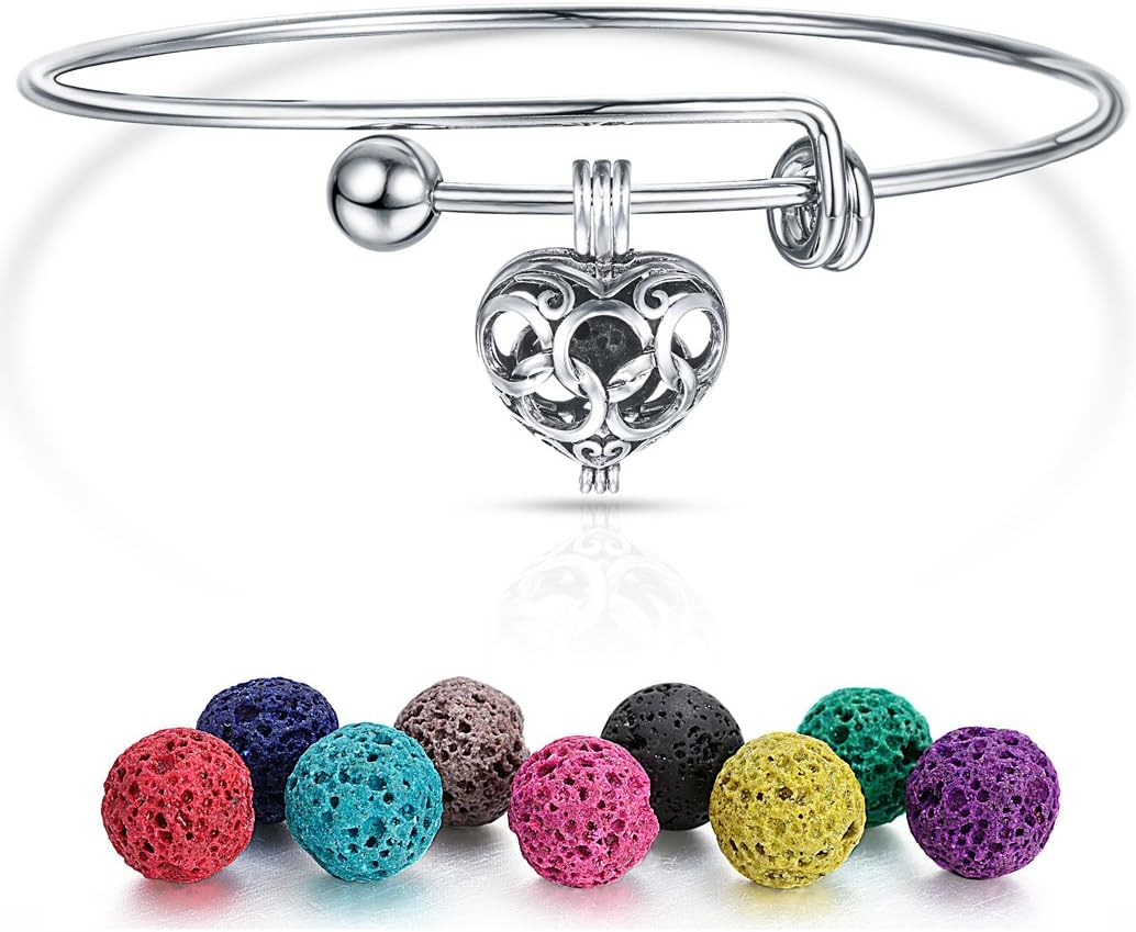 Heart Aromatherapy Essential Oil Diffuser Bracelet Expandable Wire Bangle with Lava Beads
