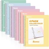 SUNEE Spiral Notebooks, 6 Pack, 1-Subject, College Ruled Paper, 8" x 10-1/2", 70 Sheets per Notebook, Assorted Pastel Colors Spiral Notebooks for School