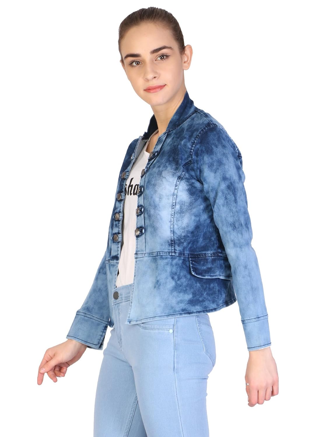 broadstar blue printed full sleeves denim jacket for women