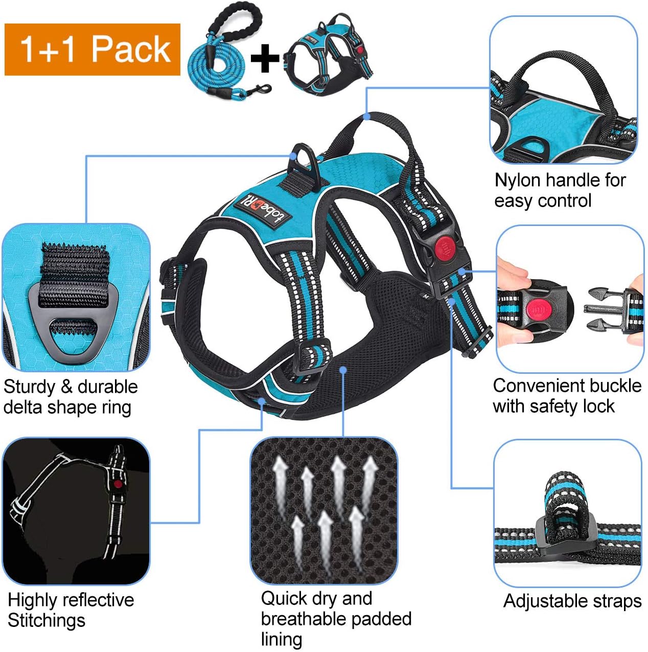 tobeDRI No Pull Dog Harness Adjustable Reflective Oxford Easy Control Medium Large Dog Harness with A Free Heavy Duty 5ft Dog Leash (S (Neck: 13"-18", Chest: 17.5"-22"), Blue Harness+Leash) : Kitchen & Dining