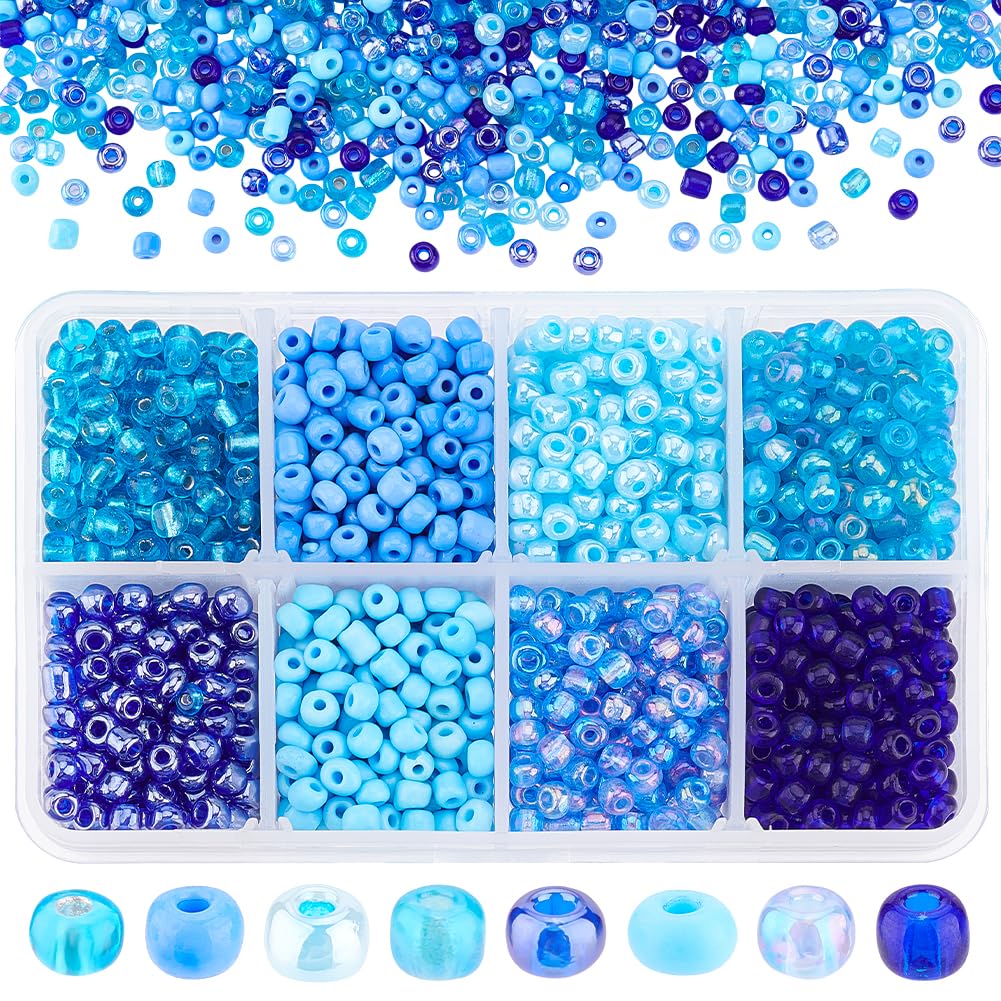 PH PandaHall 1 Small Box Mixed 6/0 Round Glass Seed Beads, Blue, 4mm, Hole: 1.5mm
