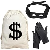LGFKJNNJ 3 Pack Robber Costume Set Cosplay Thief Accessories for Halloween Party Include Dollar Sign Money Bags Black Eyes Mask Gloves Burglar Theme Party