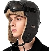 KAZZHA Vintage Pilot Hat with Goggles Costume Aviator Hat for Adult Leather Trapper Hat with Fur Ear Flaps for Winter Warm