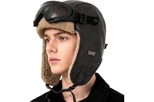 KAZZHA Vintage Pilot Hat with Goggles Costume Aviator Hat for Adult Leather Trapper Hat with Fur Ear Flaps for Winter Warm