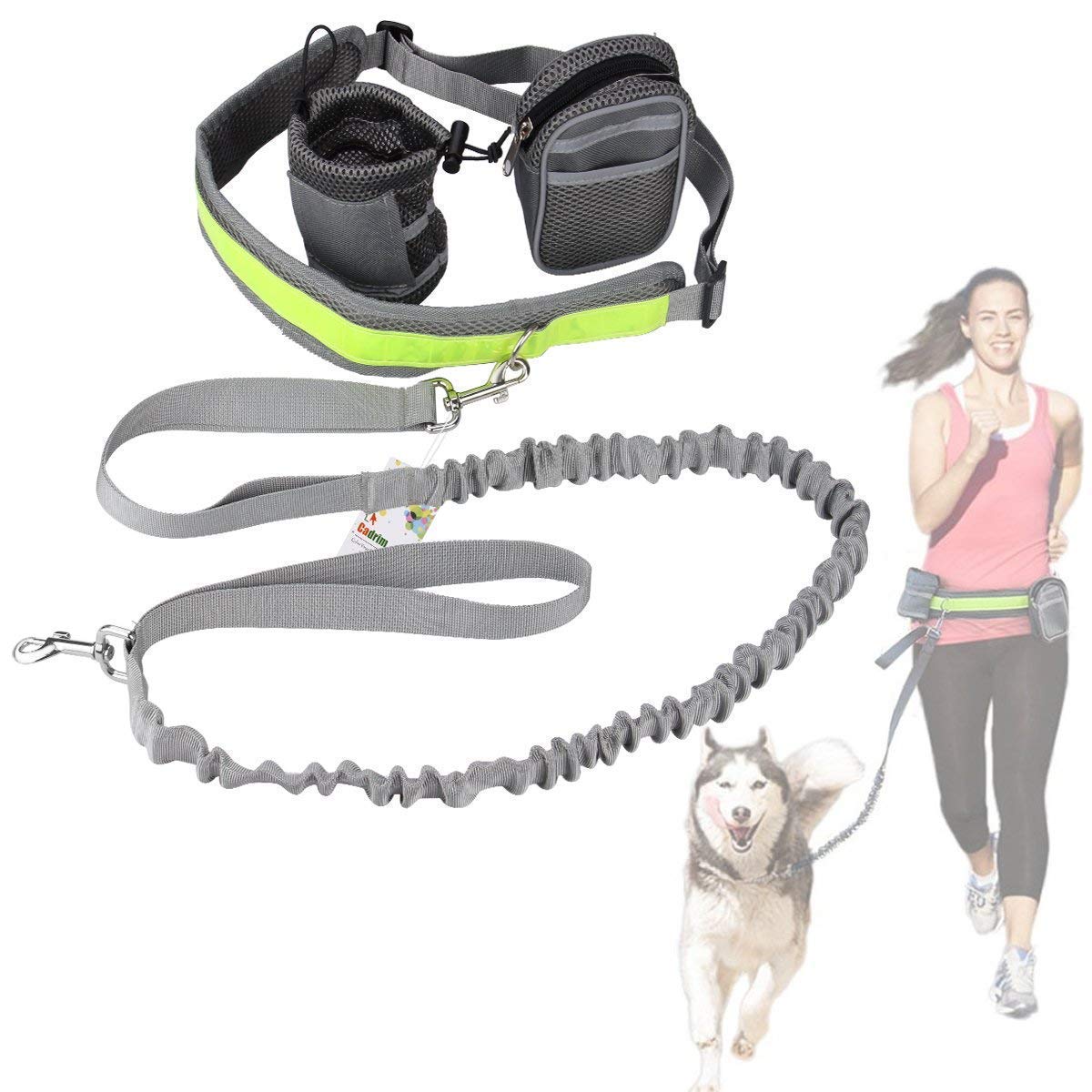 Cadrim Hands Free Dog Lead Walking Belts Ajustable Lead Dog Leash Waist Belt Pet Dog Leash Coupler Running Jogging Walking Dogs Lead Belt Adjustable with 2 Pack Bags and Reflective Strip 38kg (Grey)